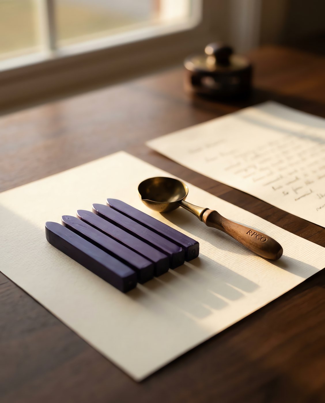 Sealing Wax Sticks, Registry Violet — Five sticks of deep violet sealing wax lying in a row on cream paper beside a brass melting spoon in use on a desk.