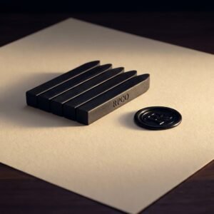 Sealing Wax Sticks, Ink Black — Five sticks of matte black sealing wax lying in a row on cream paper beside a pressed black wax seal showing deep shadow in the engraving.