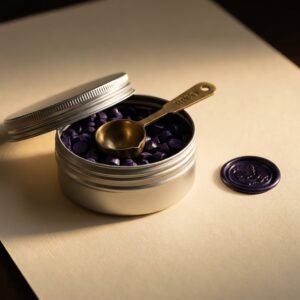 Sealing Wax Beads, Violet, 100 g — An open screw-top tin of small violet wax beads with a small brass measuring scoop, beside a finished wax seal.