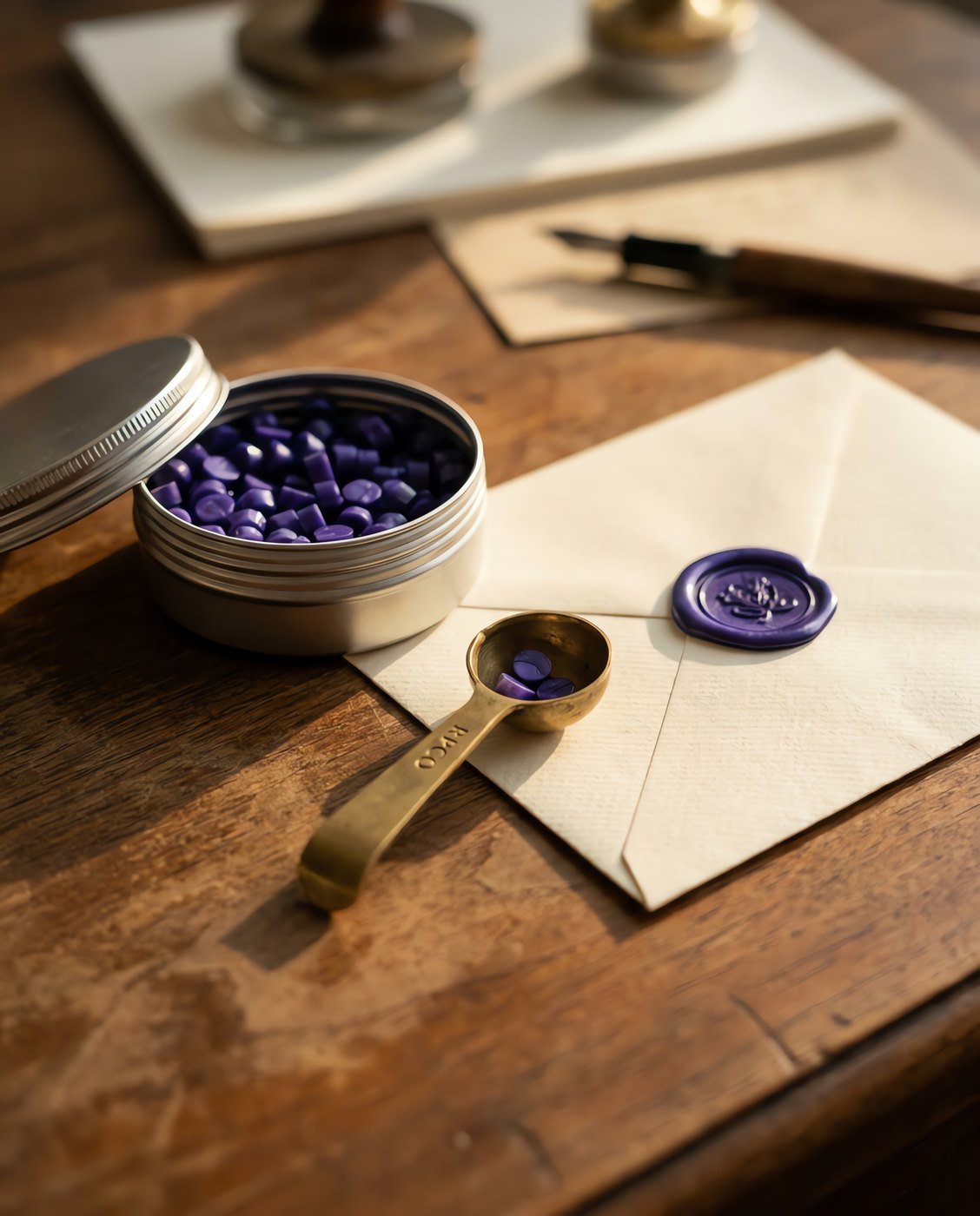 Sealing Wax Beads, Violet, 100 g — An open screw-top tin of small violet wax beads with a small brass measuring scoop, beside a finished wax seal in use on a desk.