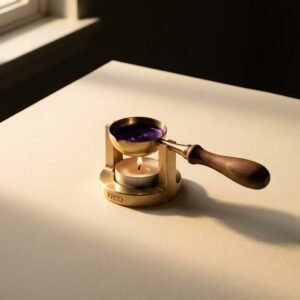 Melting Spoon and Stand — A deep brass melting spoon with a walnut handle resting in a machined brass stand above a lit tealight, violet wax molten in the bowl.