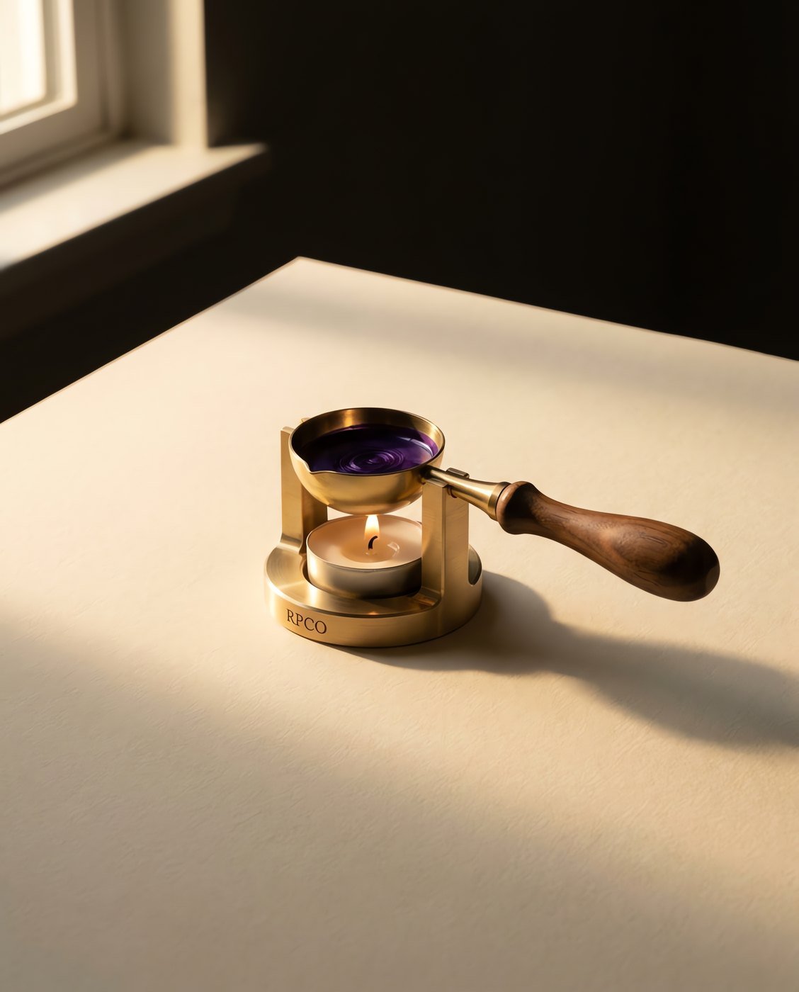 Melting Spoon and Stand — A deep brass melting spoon with a walnut handle resting in a machined brass stand above a lit tealight, violet wax molten in the bowl.