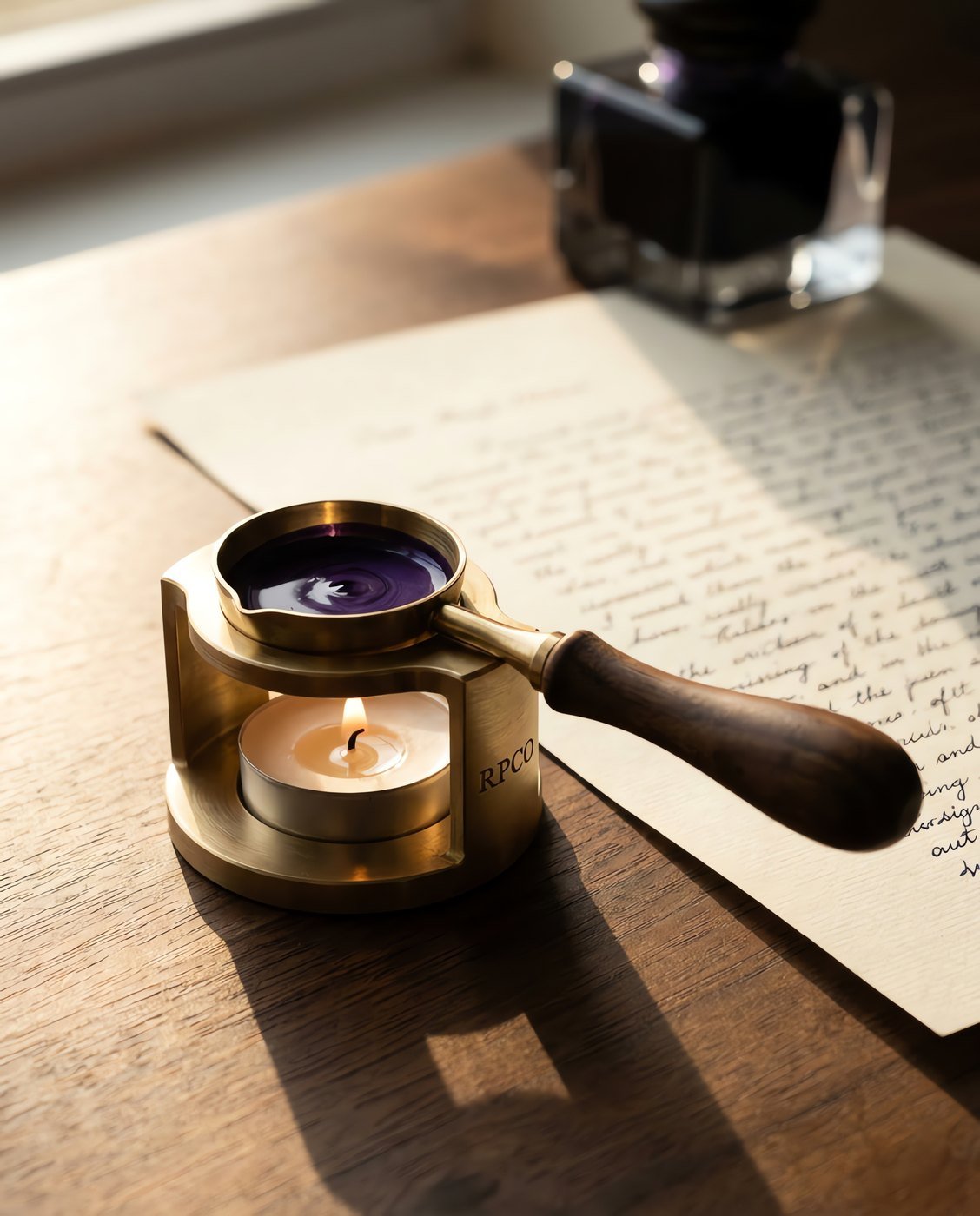Melting Spoon and Stand — A deep brass melting spoon with a walnut handle resting in a machined brass stand above a lit tealight, violet wax molten in the bowl in use on a desk.