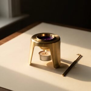 Wax Warmer, Brass — A three-legged spun brass wax warmer with a removable crucible of molten violet wax over a tealight, a hooked lifting tool beside it.