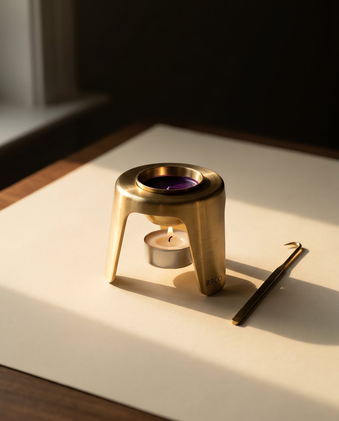 Wax Warmer, Brass — A three-legged spun brass wax warmer with a removable crucible of molten violet wax over a tealight, a hooked lifting tool beside it.