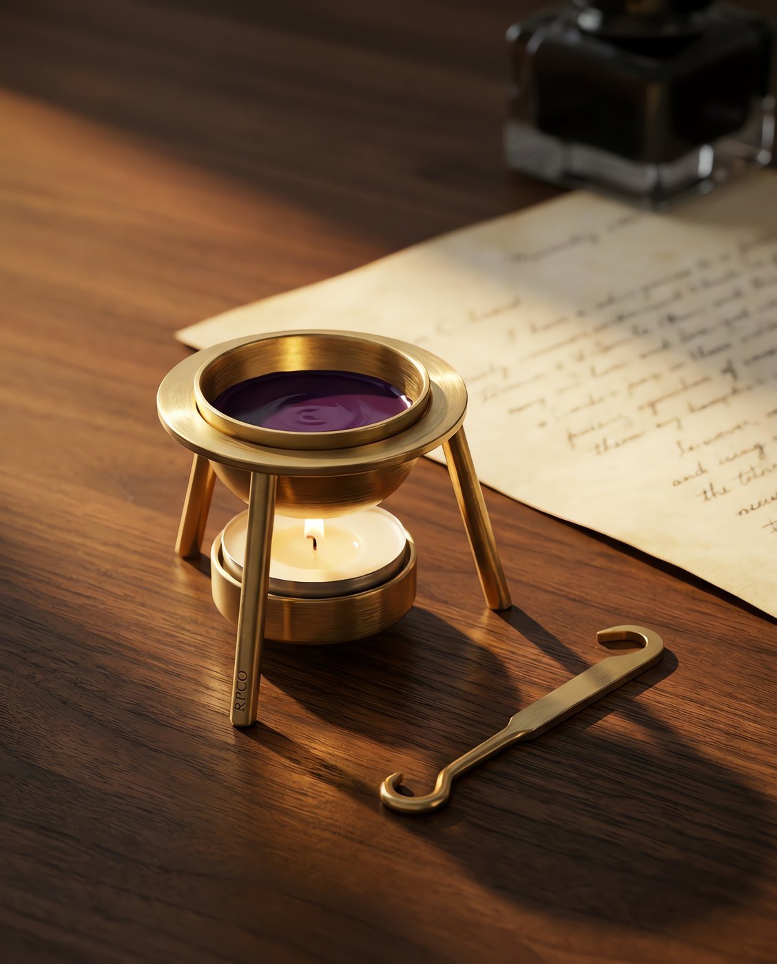 Wax Warmer, Brass — A three-legged spun brass wax warmer with a removable crucible of molten violet wax over a tealight, a hooked lifting tool beside it in use on a desk.