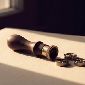 Seal Handle, Walnut — A turned walnut seal handle with a brass collet and knurled locking ring, lying beside three loose engraved brass seal matrices.