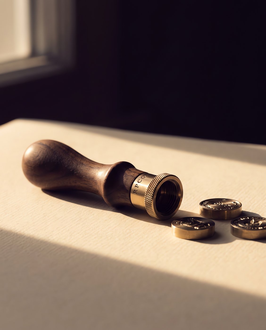 Seal Handle, Walnut — A turned walnut seal handle with a brass collet and knurled locking ring, lying beside three loose engraved brass seal matrices.