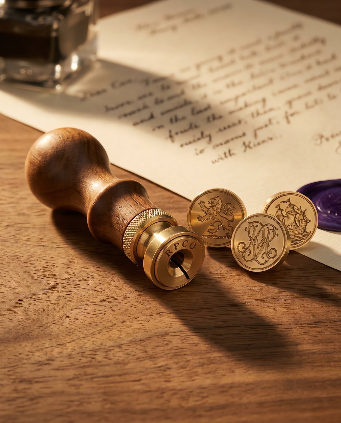 Seal Handle, Walnut — A turned walnut seal handle with a brass collet and knurled locking ring, lying beside three loose engraved brass seal matrices in use on a desk.