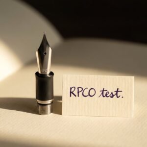 Nib Unit, No. 6 Steel — A complete screw-in fountain pen nib unit with a steel nib and a black ebonite feed, standing upright beside a small written test card.