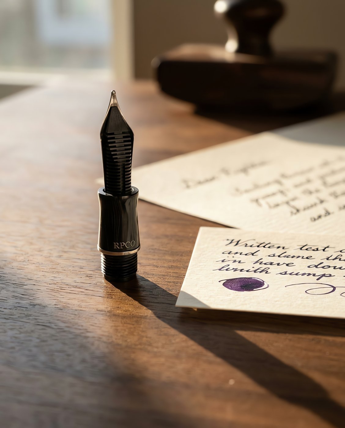 Nib Unit, No. 6 Steel — A complete screw-in fountain pen nib unit with a steel nib and a black ebonite feed, standing upright beside a small written test card in use on a desk.
