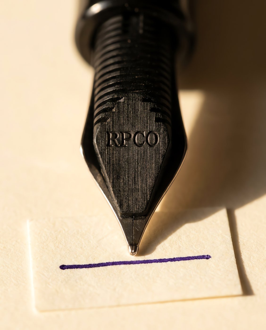 Nib Unit, No. 6 Steel — A complete screw-in fountain pen nib unit with a steel nib and a black ebonite feed, standing upright beside a small written test card in close detail.