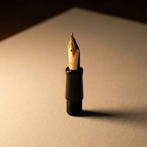 Nib Unit, No. 6 Gold-Plated — A screw-in fountain pen nib unit with a gold plated nib and black ebonite feed, standing upright, catching warm light.