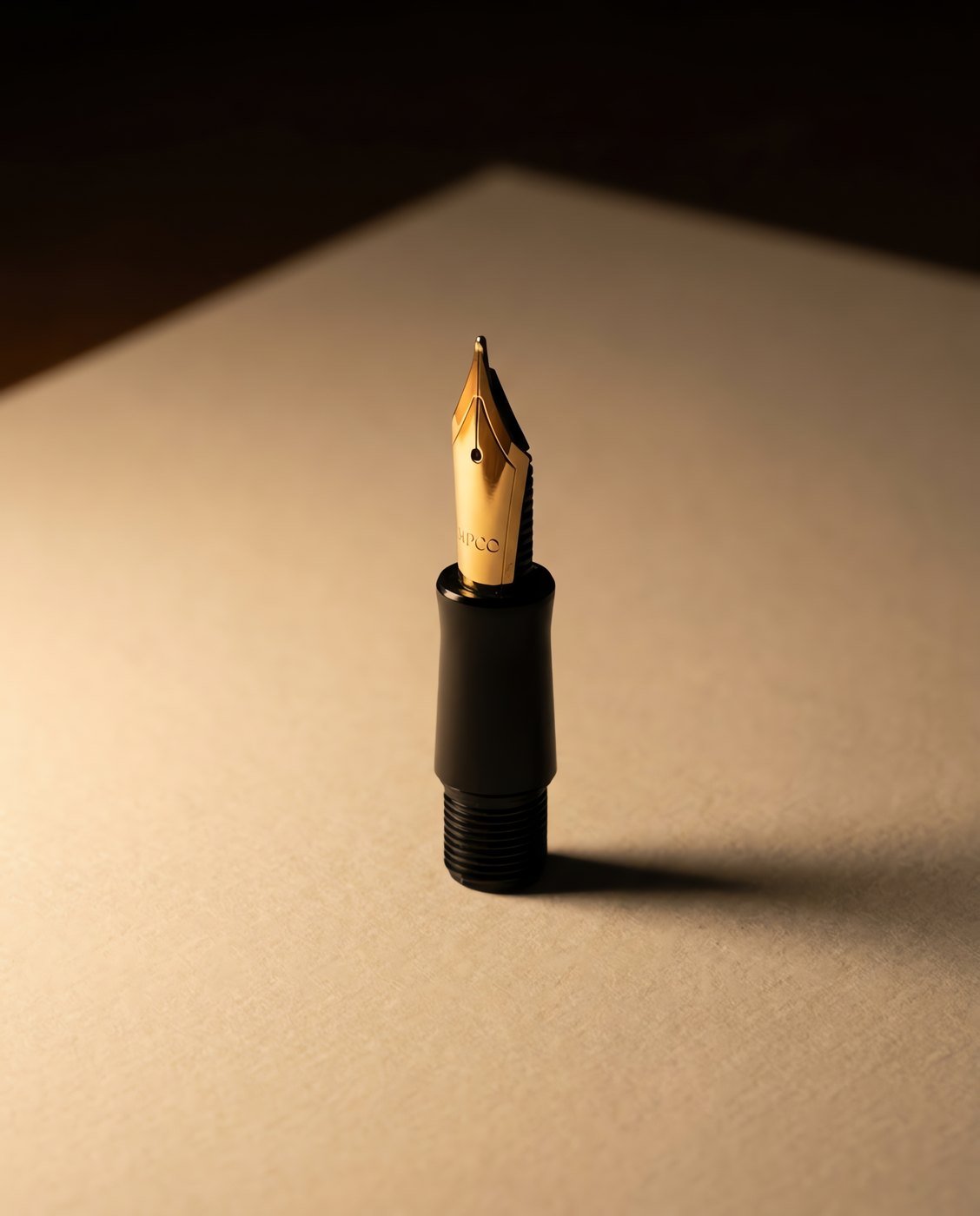 Nib Unit, No. 6 Gold-Plated — A screw-in fountain pen nib unit with a gold plated nib and black ebonite feed, standing upright, catching warm light.