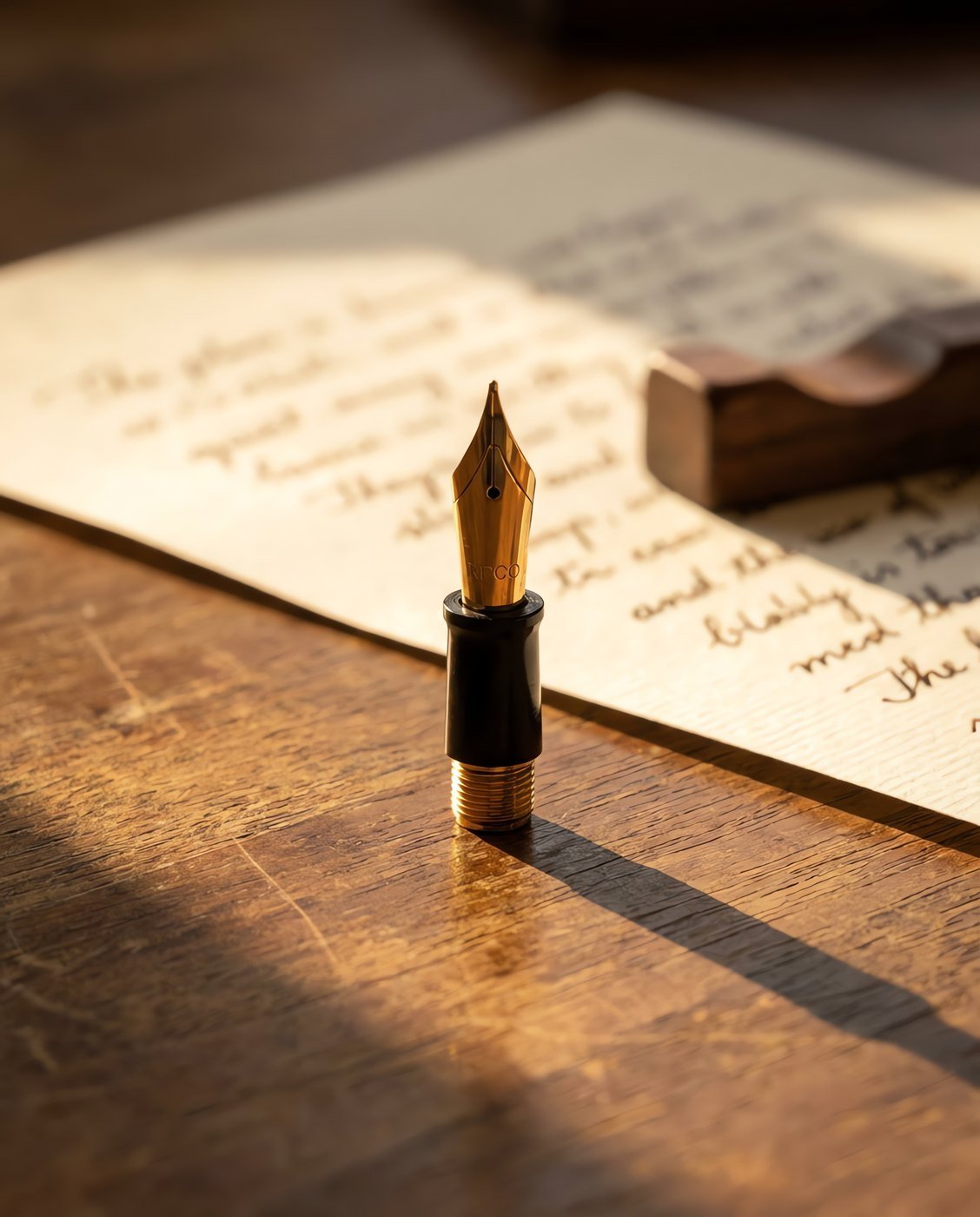 Nib Unit, No. 6 Gold-Plated — A screw-in fountain pen nib unit with a gold plated nib and black ebonite feed, standing upright, catching warm light in use on a desk.