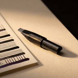Nib Unit, Stub 1.1 mm — A fountain pen nib unit with a wide flat-ground stub nib beside a written card showing broad horizontal strokes and narrow vertical strokes.