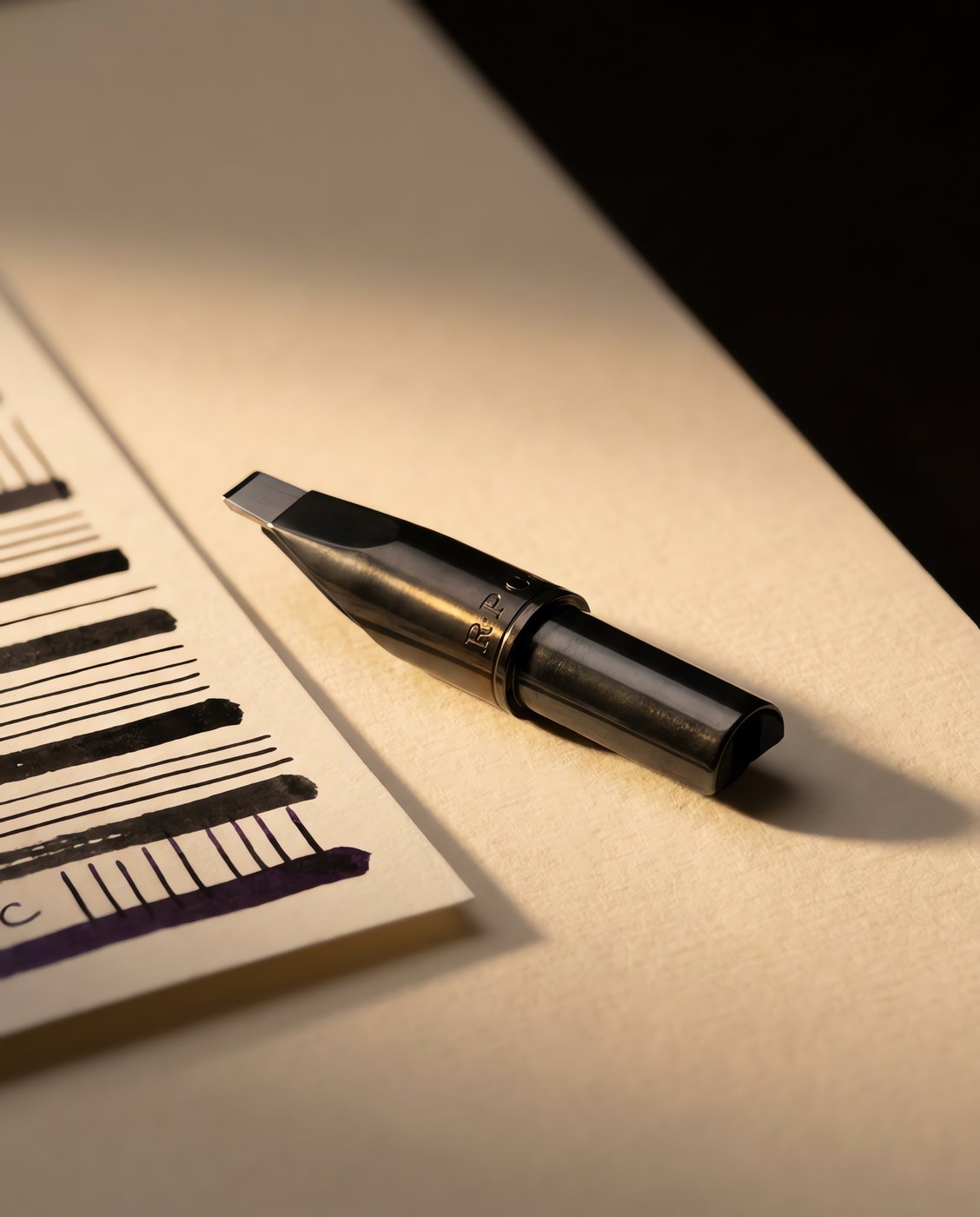 Nib Unit, Stub 1.1 mm — A fountain pen nib unit with a wide flat-ground stub nib beside a written card showing broad horizontal strokes and narrow vertical strokes.