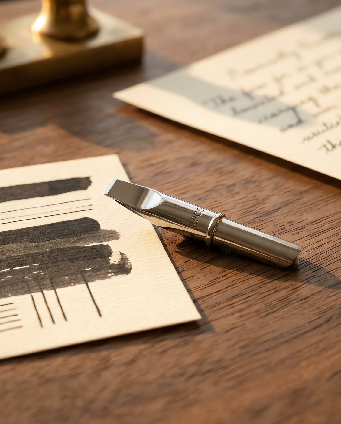 Nib Unit, Stub 1.1 mm — A fountain pen nib unit with a wide flat-ground stub nib beside a written card showing broad horizontal strokes and narrow vertical strokes in use on a desk.
