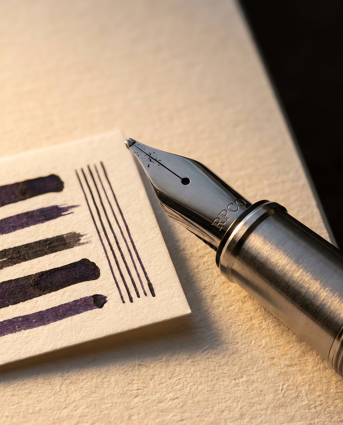 Nib Unit, Stub 1.1 mm — A fountain pen nib unit with a wide flat-ground stub nib beside a written card showing broad horizontal strokes and narrow vertical strokes in close detail.