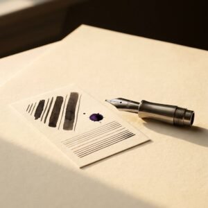 Nib Unit, Architect Grind — A fountain pen nib unit with a hand-ground architect nib beside a written card showing broad vertical strokes and very fine horizontal strokes.