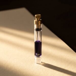 Converter, Piston — A clear standard international piston converter with a brass piston nut, half filled with violet ink, a small steel ball visible inside.