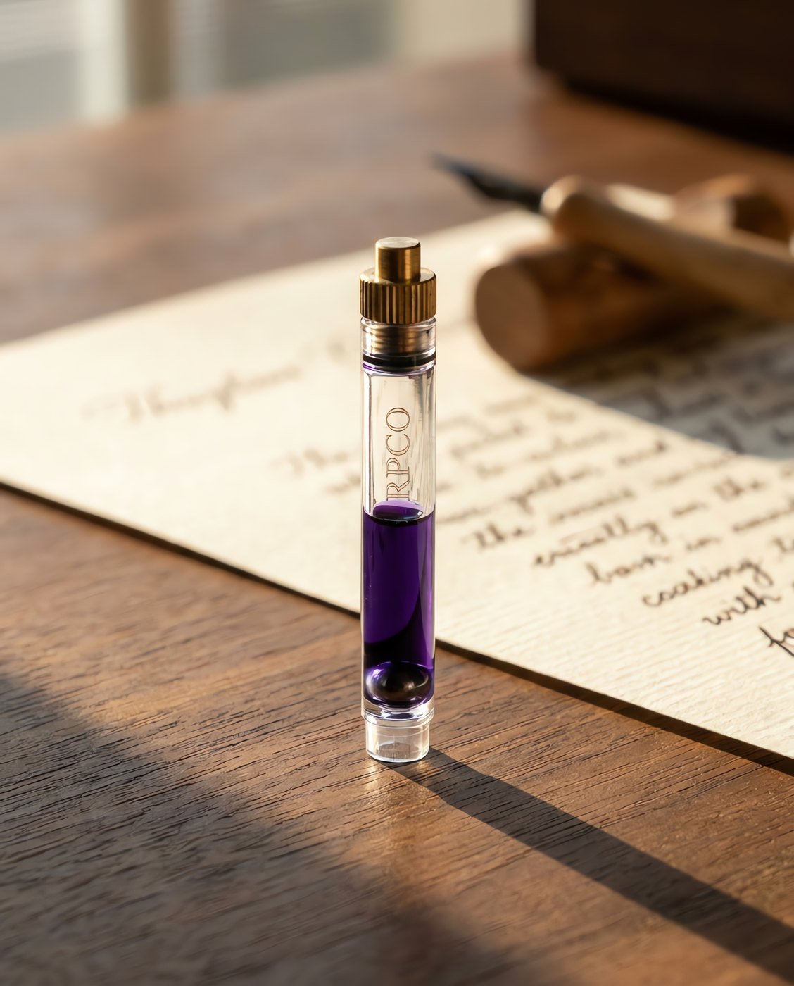 Converter, Piston — A clear standard international piston converter with a brass piston nut, half filled with violet ink, a small steel ball visible inside in use on a desk.