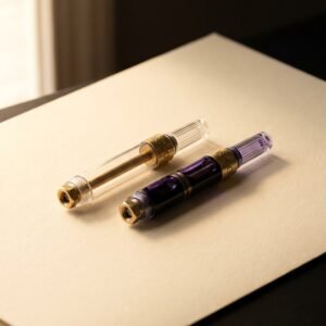 Converter, Twin Pack — Two clear piston converters with brass nuts lying side by side on a card sleeve, one filled with violet ink and one empty.