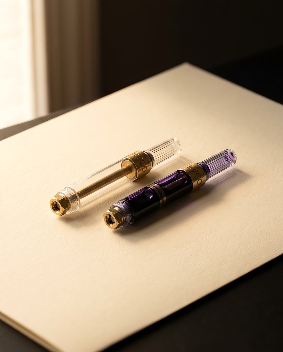 Converter, Twin Pack — Two clear piston converters with brass nuts lying side by side on a card sleeve, one filled with violet ink and one empty.