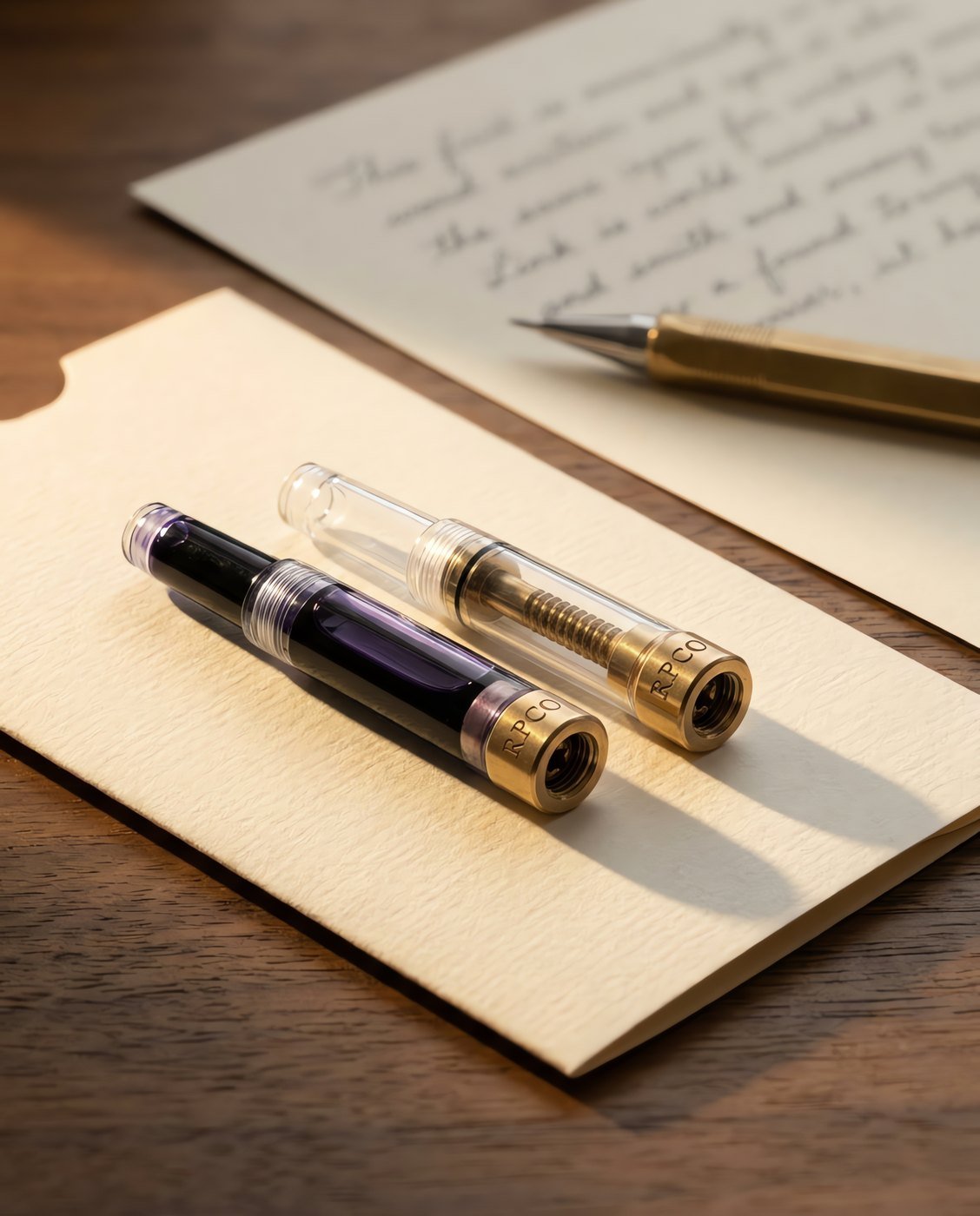 Converter, Twin Pack — Two clear piston converters with brass nuts lying side by side on a card sleeve, one filled with violet ink and one empty in use on a desk.