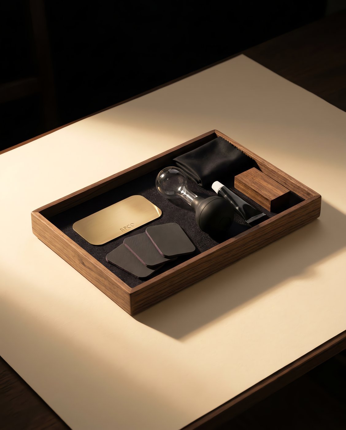 Bench Service Kit — A shallow walnut tray with a felt base holding a brass shim, three sheets of micro-mesh, a bulb syringe, a small tube of grease, a cloth and a hardwood nib block.