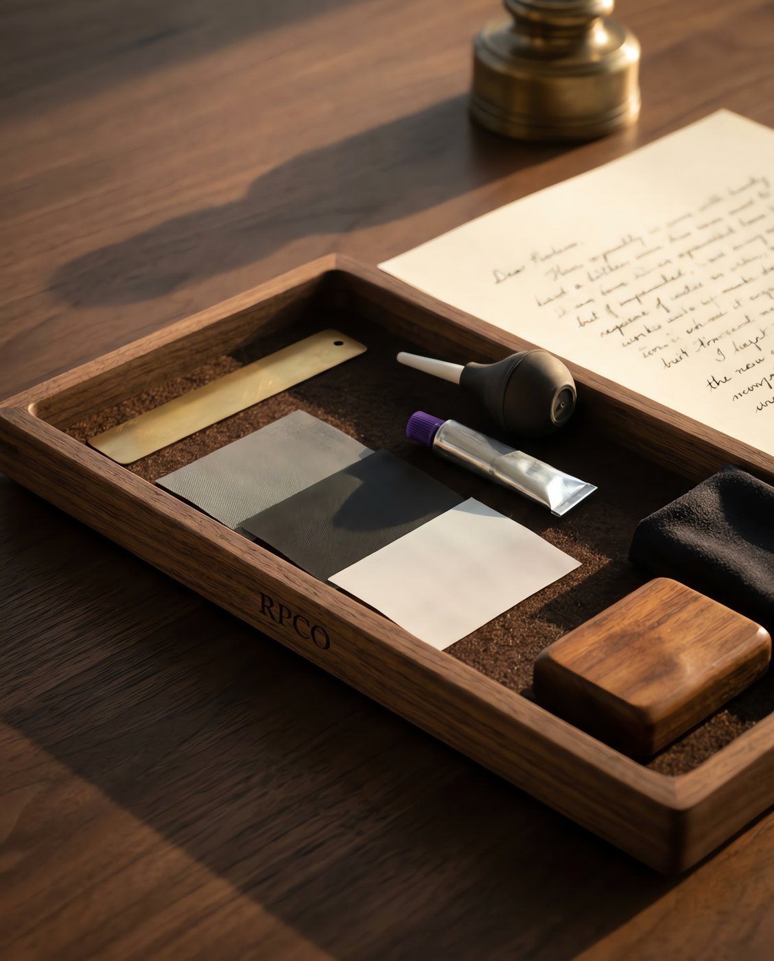 Bench Service Kit — A shallow walnut tray with a felt base holding a brass shim, three sheets of micro-mesh, a bulb syringe, a small tube of grease, a cloth and a hardwood nib block in use on a desk.
